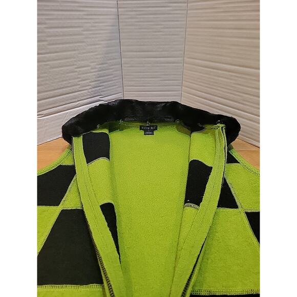 Tally Ho Womans Sweater Vest M Green Black Wool Faux Fur Collar Zip Up Holiday - Picture 6 of 9